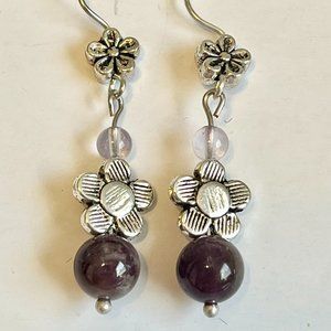 Lavender Purple Amethyst Bead Earrings Silver Plated Flower Dangle Semiprecious